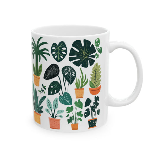 Printify white ceramic plant lover mug with illustrated potted houseplants and green foliage perfect gift for plant enthusiasts