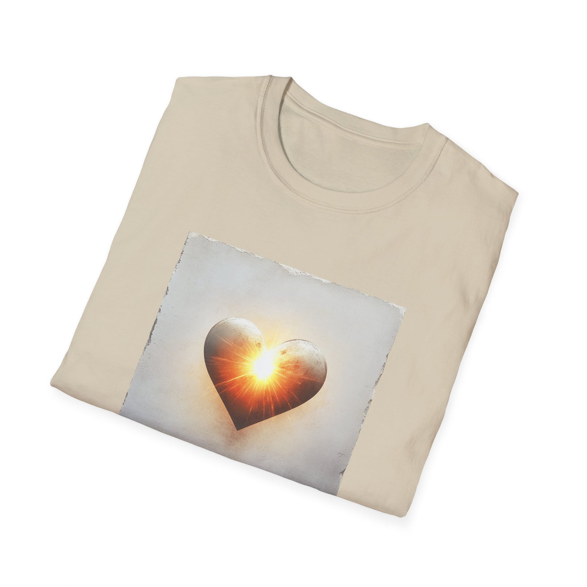 Beige heart graphic t-shirt featuring a glowing heart design for casual wear