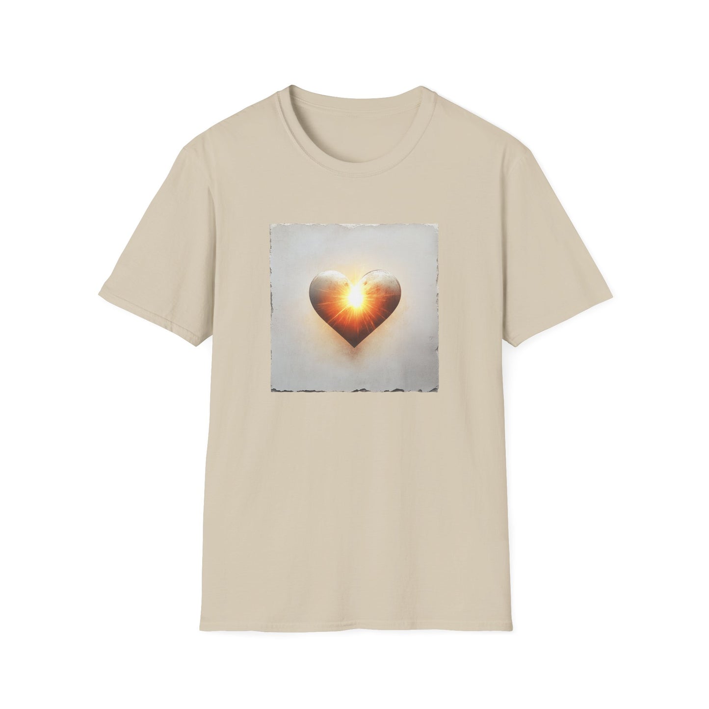 Beige heart graphic t-shirt featuring a sunlit heart design for a stylish look