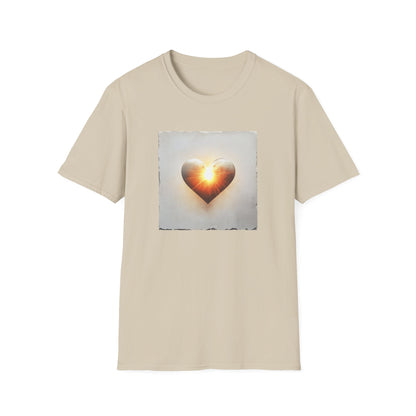 Beige heart graphic t-shirt featuring a sunlit heart design for a stylish look