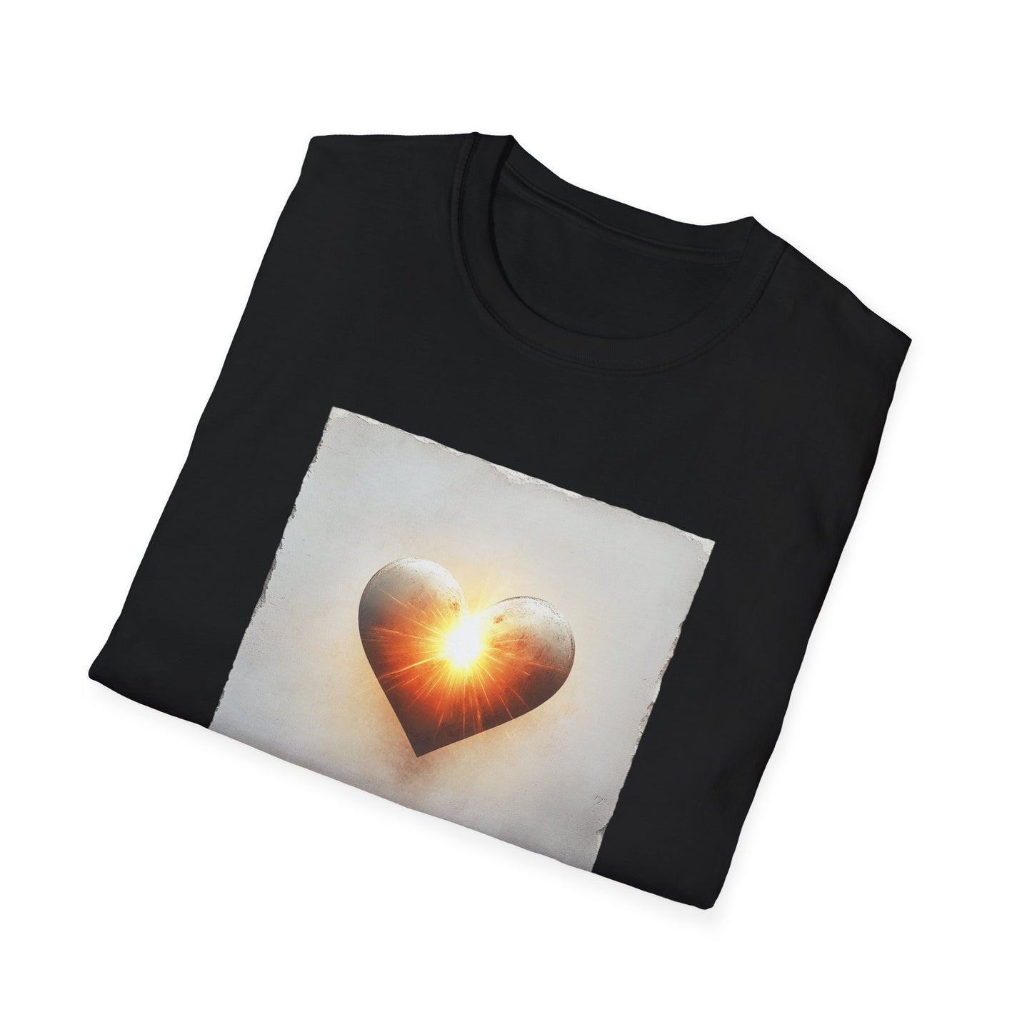 Black heart graphic t-shirt featuring a glowing heart design on a textured background