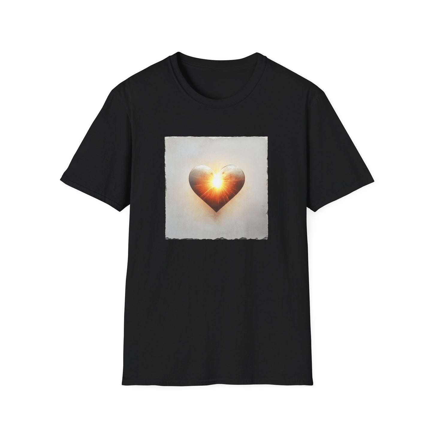 Black heart graphic t-shirt featuring a vibrant heart design with a glowing effect