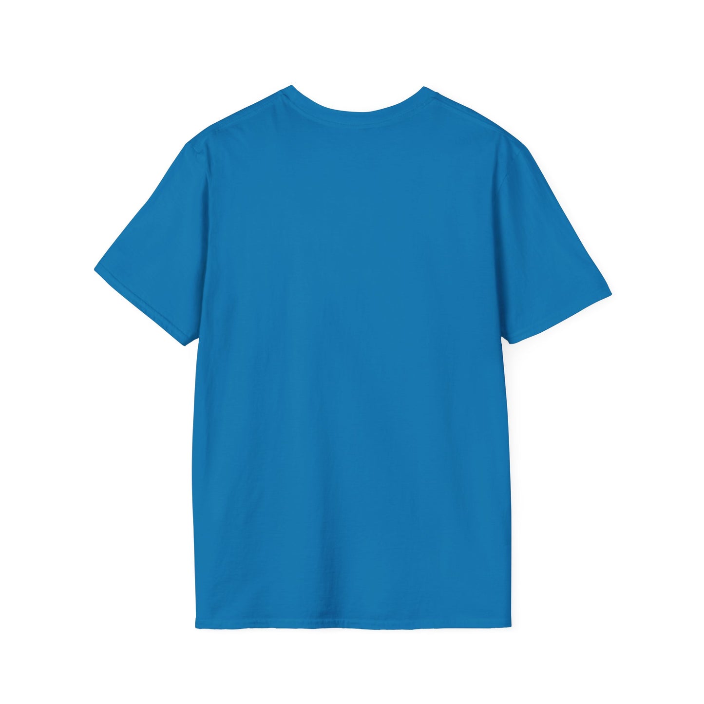 Back view of a blue heart graphic t-shirt made by Printify, featuring short sleeves and a classic fit