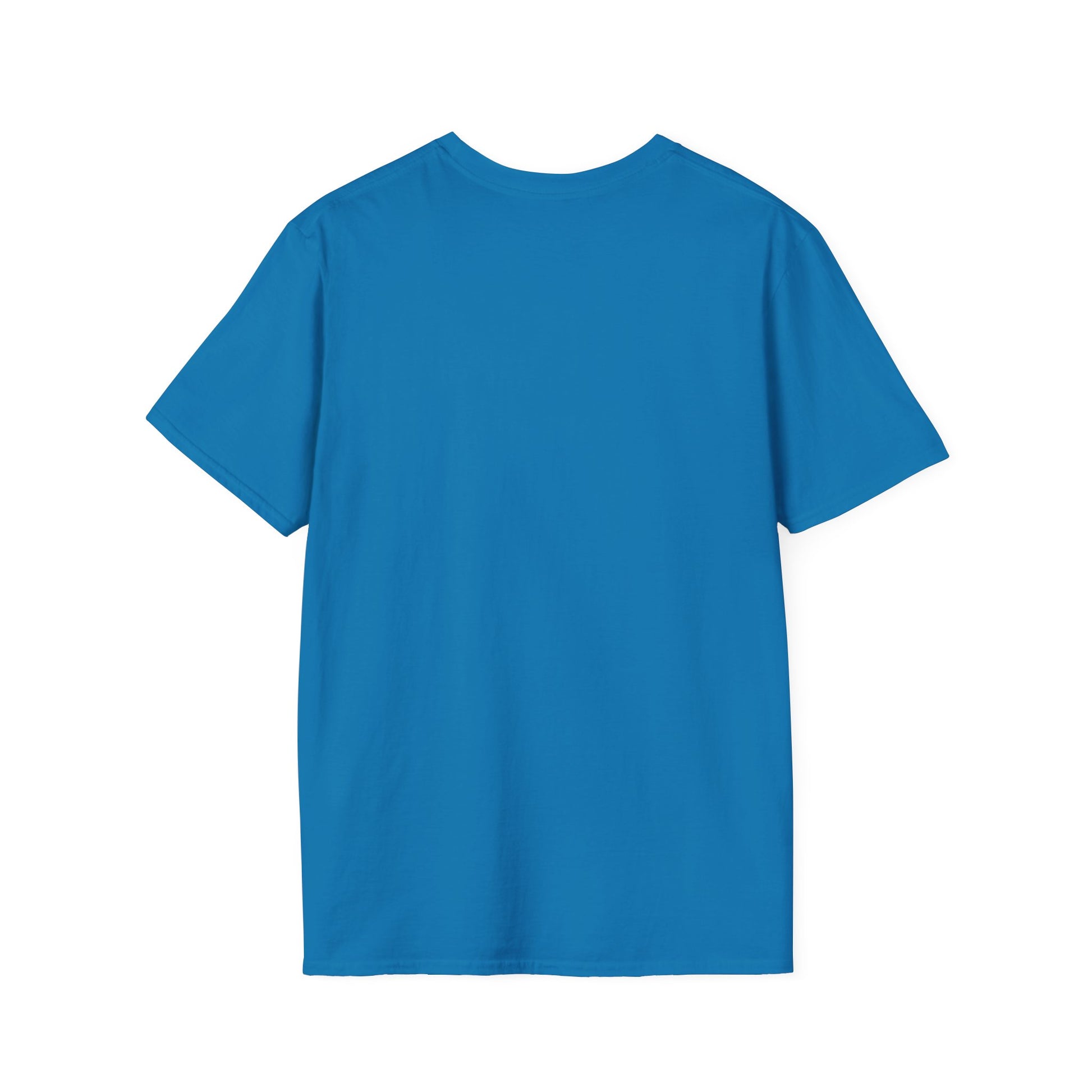 Back view of a blue heart graphic t-shirt made by Printify, featuring short sleeves and a classic fit