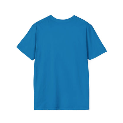 Back view of a blue heart graphic t-shirt made by Printify, featuring short sleeves and a classic fit