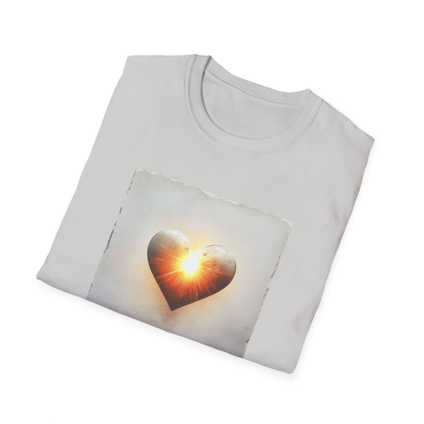 Light gray heart graphic t-shirt featuring a vibrant heart design with a glowing effect