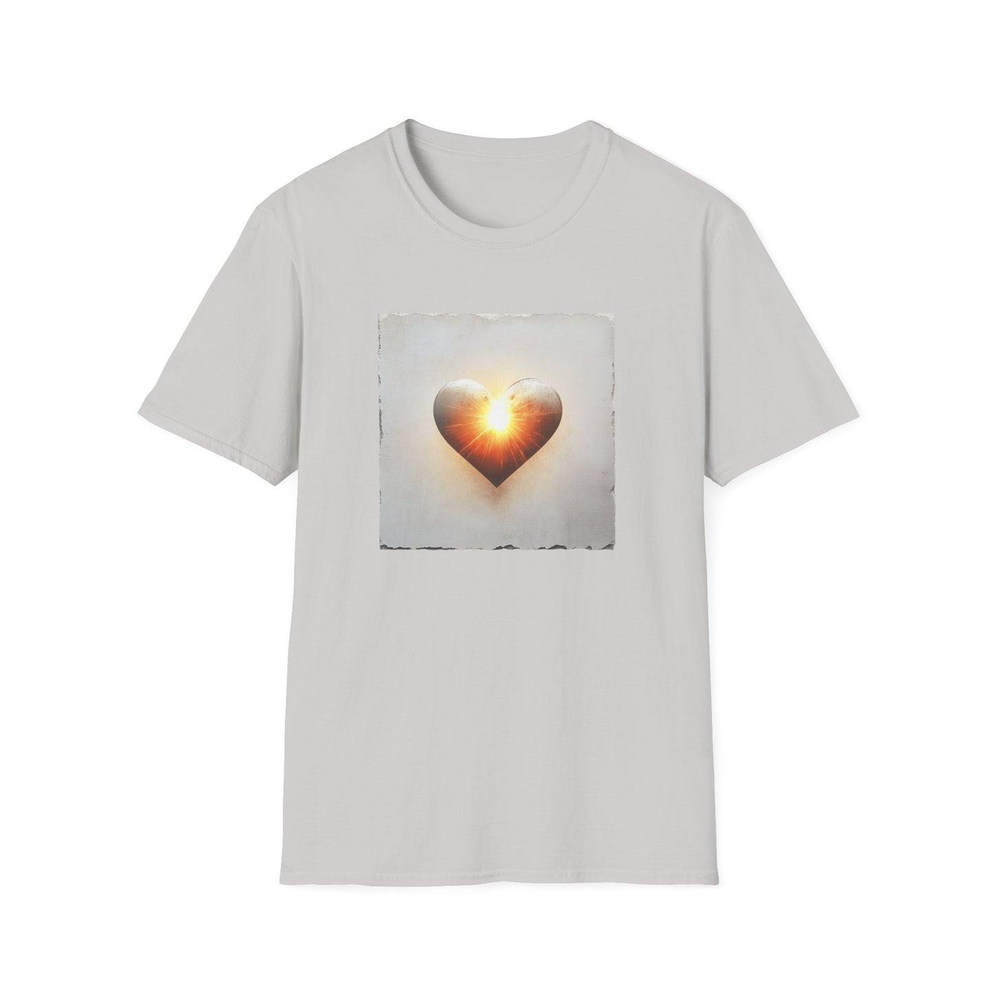Light gray heart graphic t-shirt featuring a shiny heart design with a glowing effect