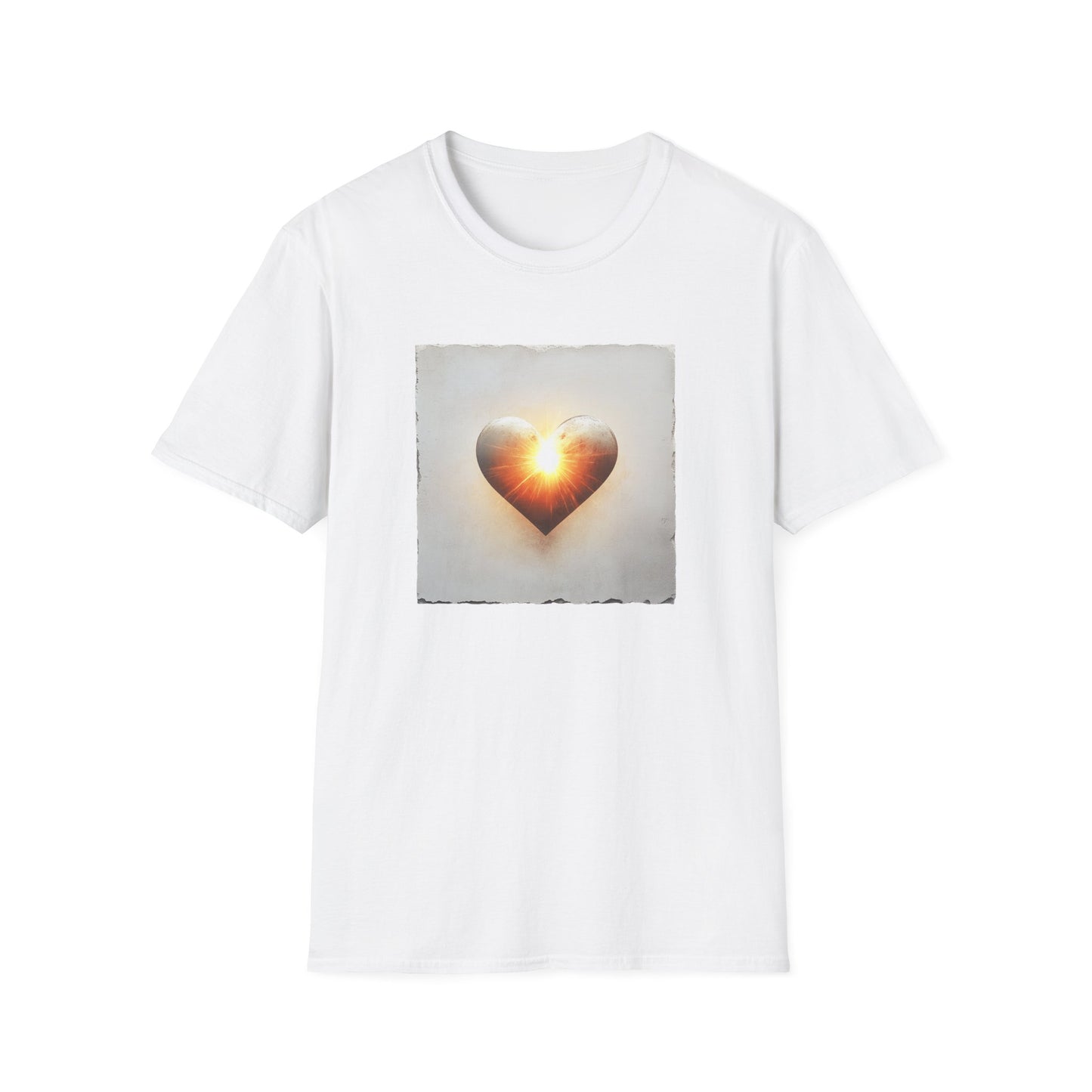 White heart graphic t-shirt featuring a glowing heart design on the front