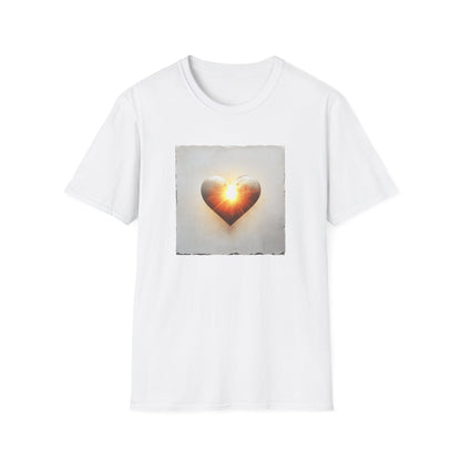 White heart graphic t-shirt featuring a glowing heart design on the front