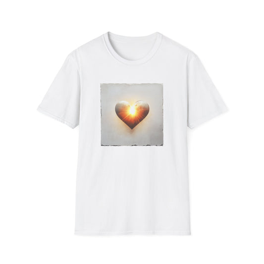 White heart graphic t-shirt featuring a glowing heart design on the front