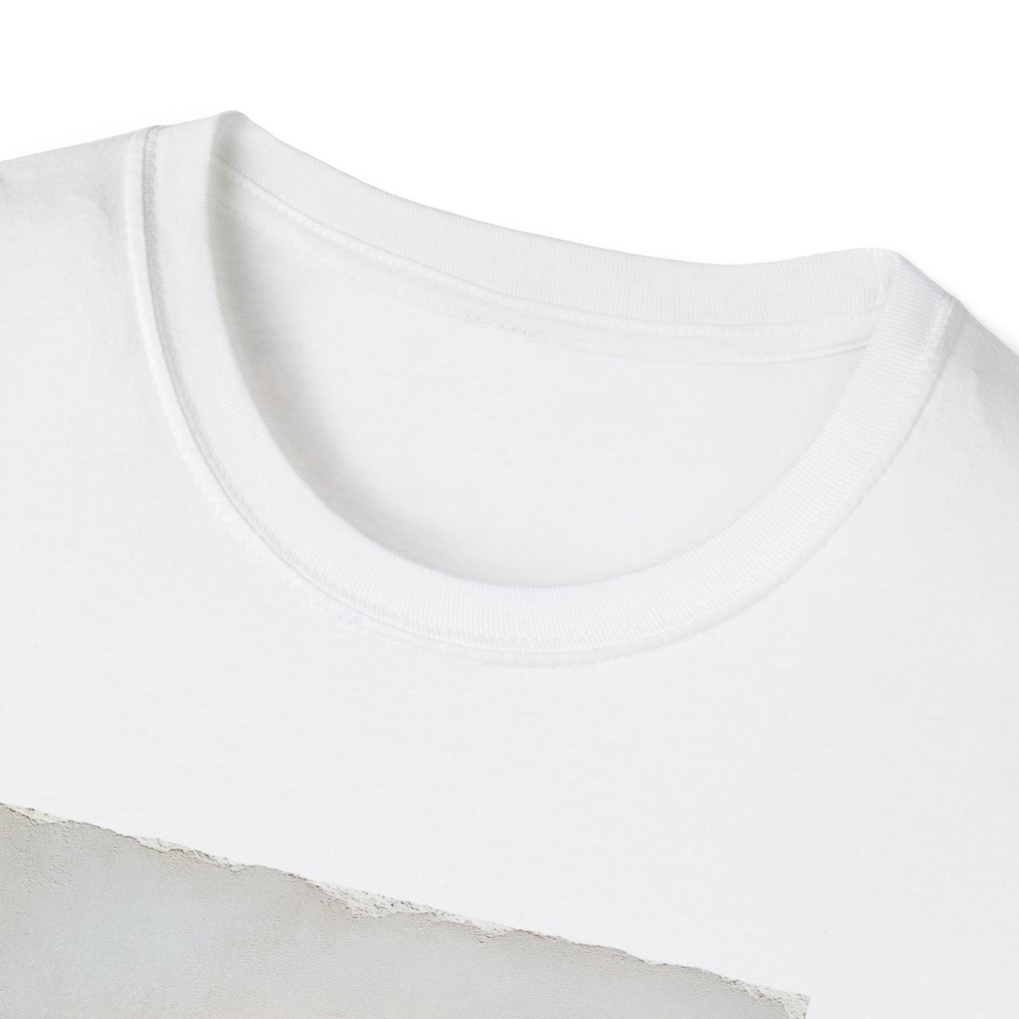 Close-up of a white heart graphic t-shirt showing the neckline and design details