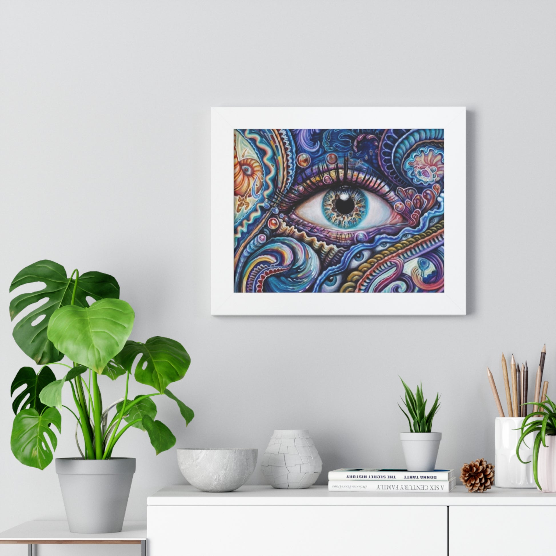 Horizontal eye art poster featuring intricate designs and vibrant colors framed on a wall