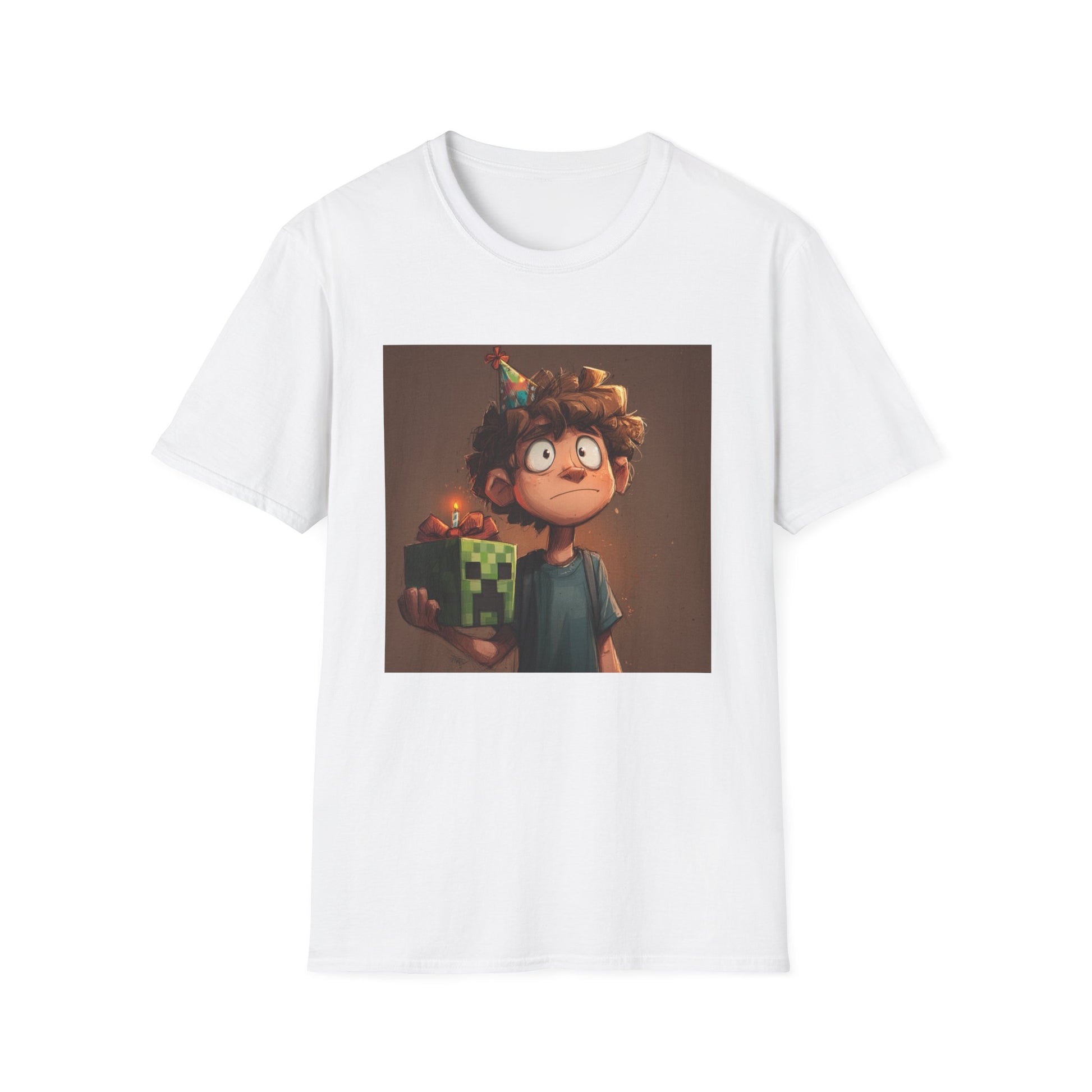 White kids gamer birthday t-shirt featuring a boy holding a Minecraft-themed birthday cake
