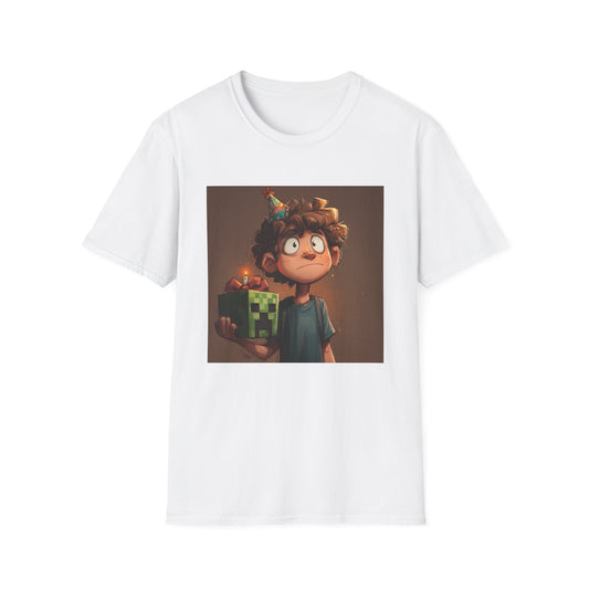 White kids gamer birthday t-shirt featuring a boy holding a Minecraft-themed birthday cake