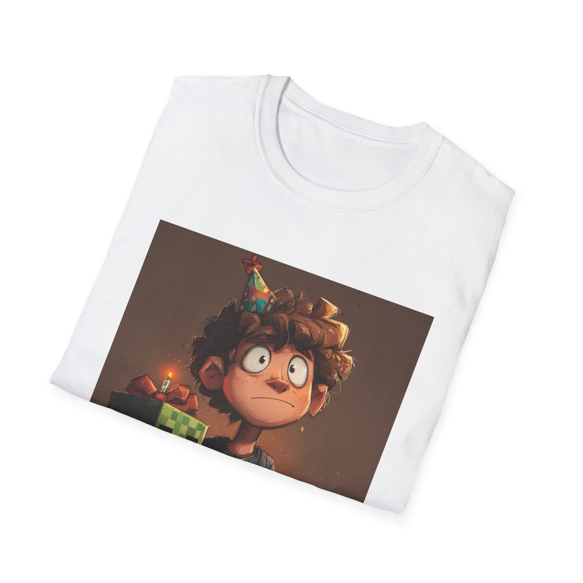 Kids gamer birthday t-shirt featuring a cartoon boy with a party hat and birthday gifts