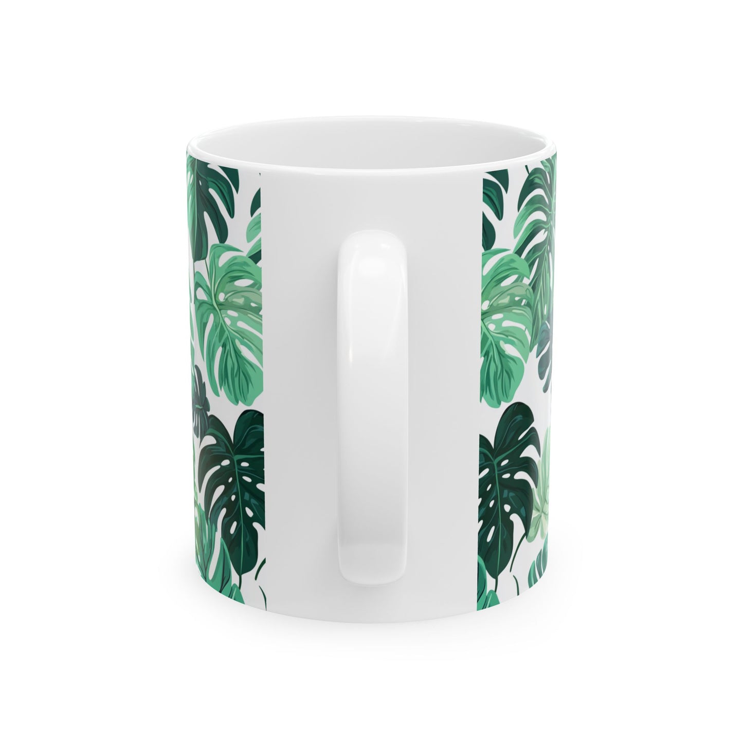 Printify white ceramic monstera leaf coffee mug with green tropical leaf pattern and side handle