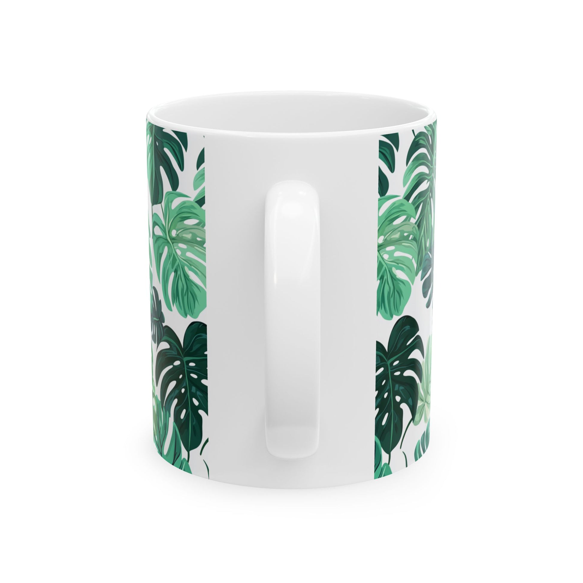 Printify white ceramic monstera leaf coffee mug with green tropical leaf pattern and side handle