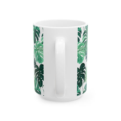 Printify white ceramic monstera leaf coffee mug with wraparound green leaf pattern and center handle view