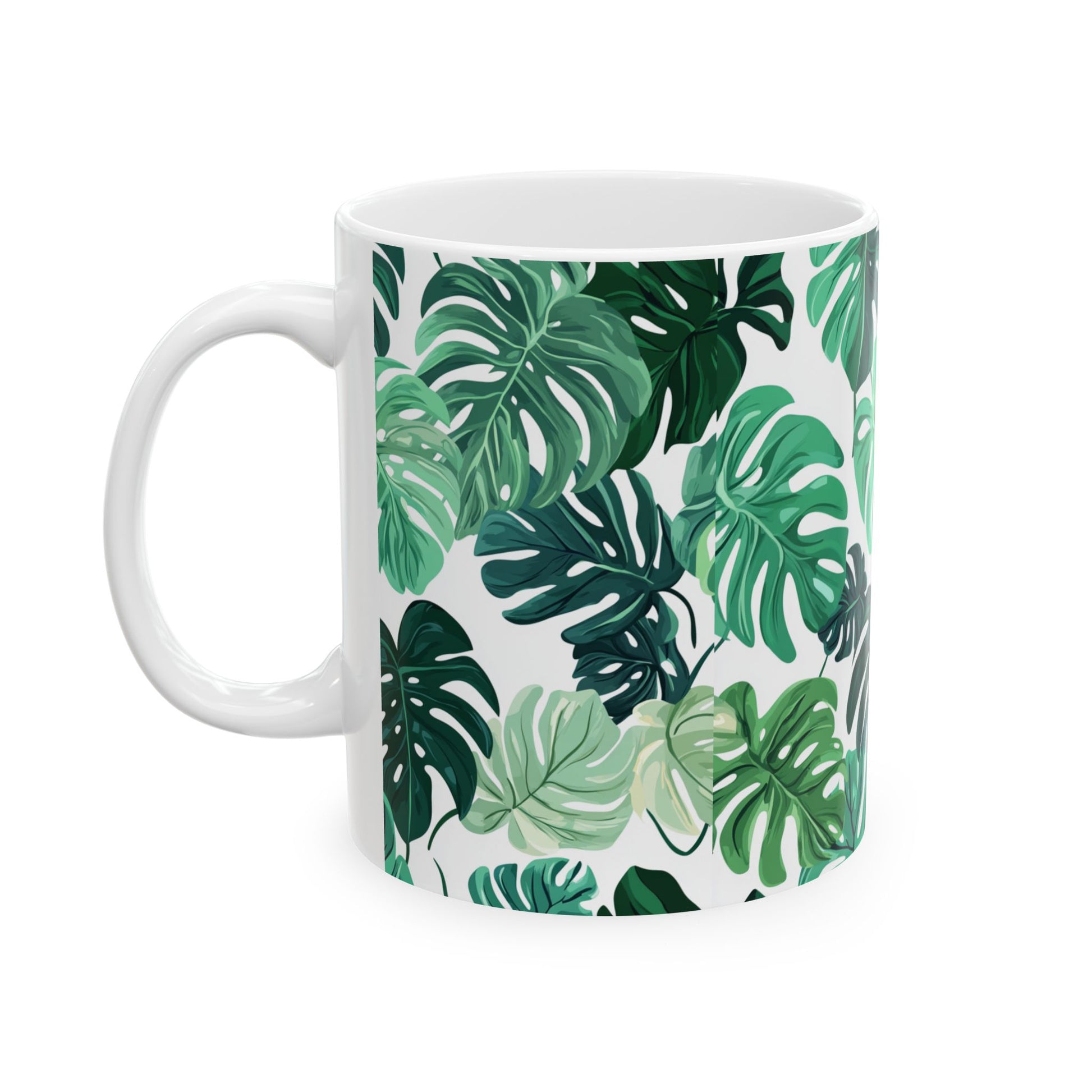 Printify white ceramic monstera leaf coffee mug featuring repeating green tropical monstera leaves pattern