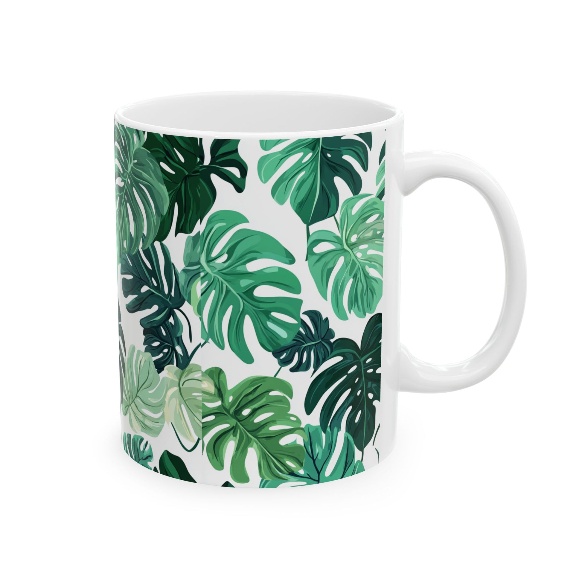 Printify monstera leaf coffee mug white ceramic with repeated green tropical monstera leaf pattern