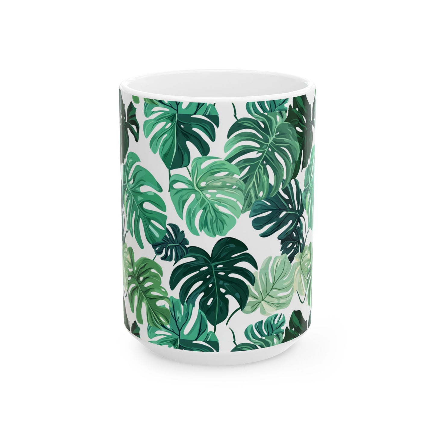Printify white ceramic monstera leaf coffee mug with allover green tropical leaf pattern for home use