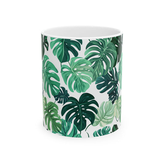 Printify monstera leaf coffee mug featuring green tropical monstera leaves on white ceramic for home and office