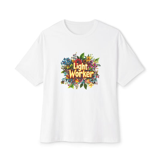 White Light Worker Floral Boxy Tee with colorful floral graphic design on the front