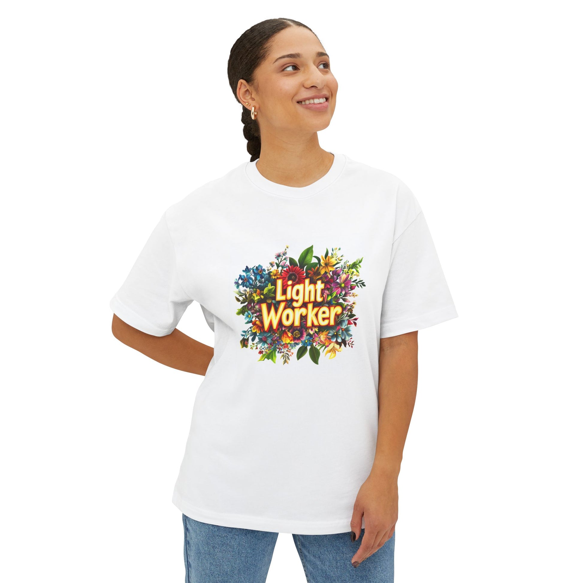 Light Worker Floral Boxy Tee featuring vibrant floral design on a white t-shirt for a stylish look