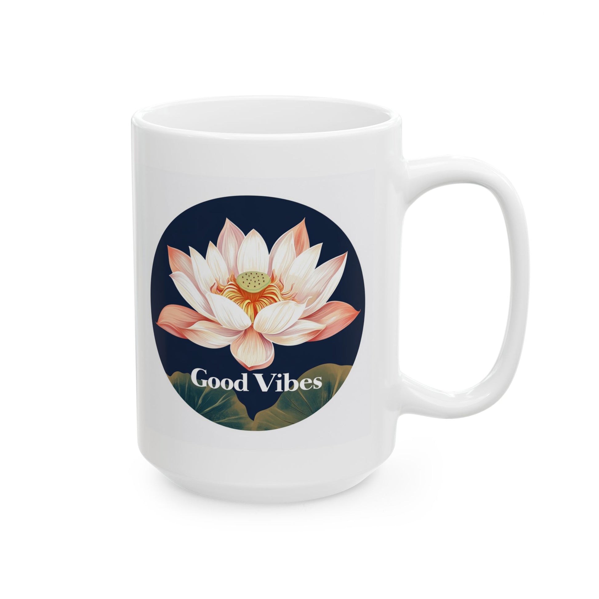 Lotus flower ceramic mug featuring a vibrant design and the text Good Vibes for enjoying your favorite beverages