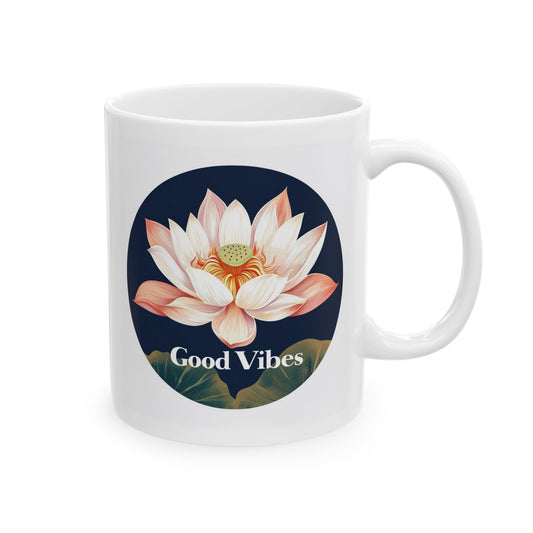 Lotus flower ceramic mug with Good Vibes design on a vibrant background