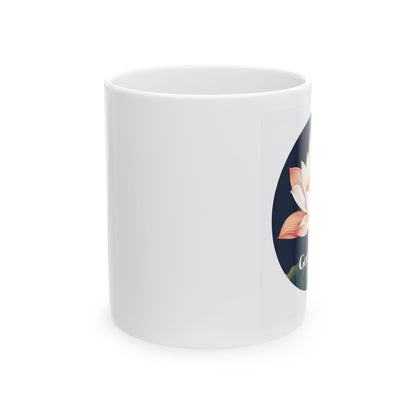 Lotus flower ceramic mug with elegant floral design and white glossy finish