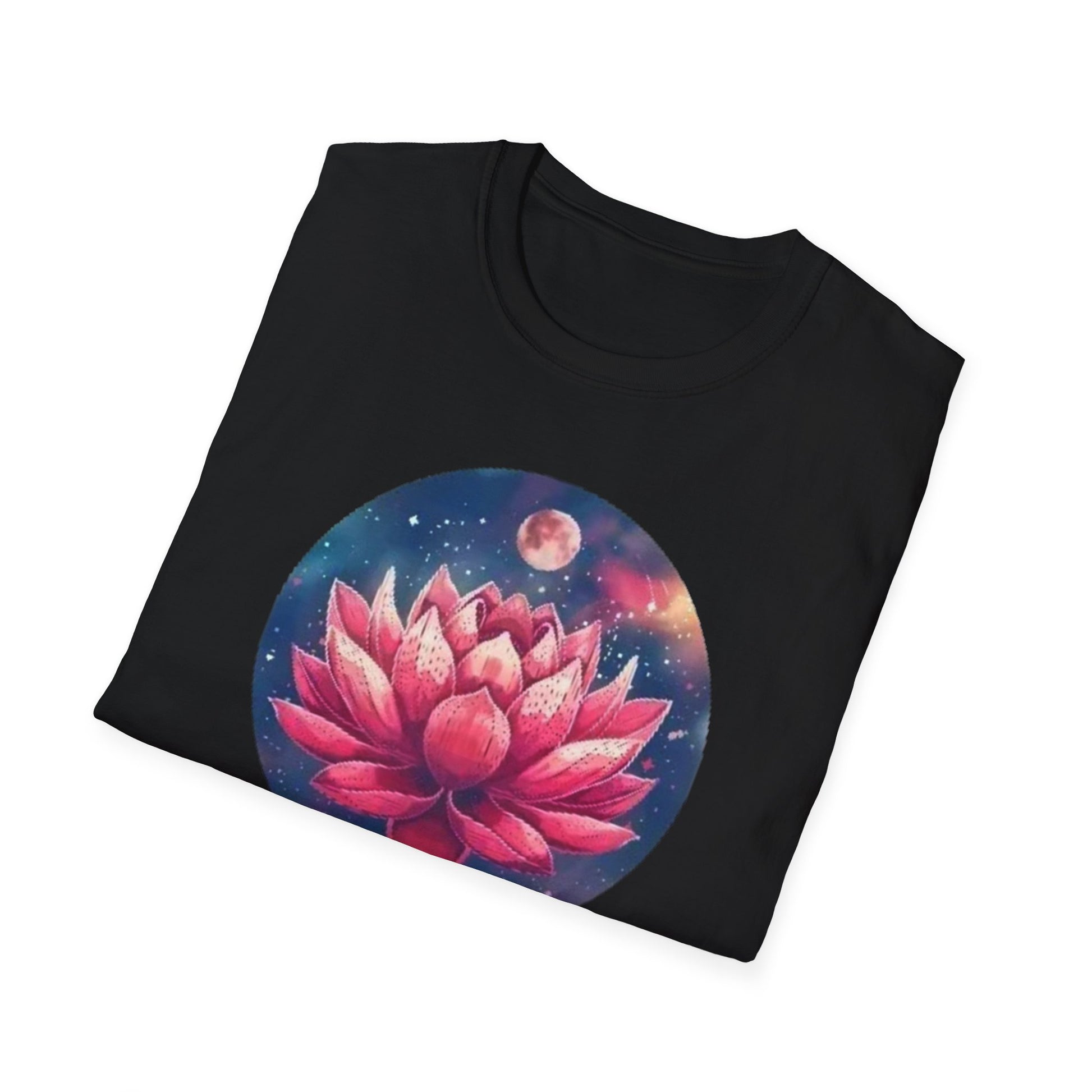 Black lotus flower t-shirt featuring a vibrant pink lotus design with a cosmic background