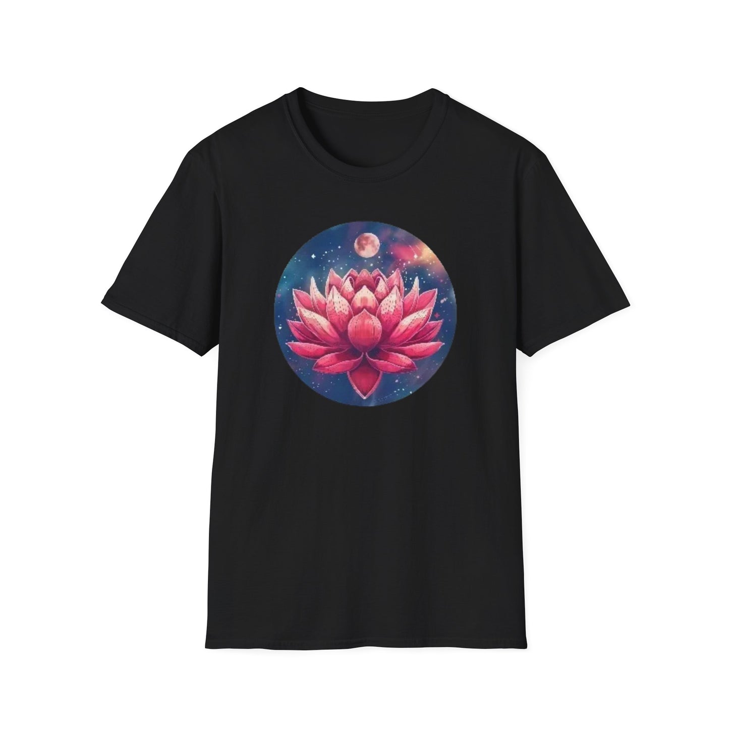 Black lotus flower t-shirt featuring a vibrant pink lotus against a cosmic background