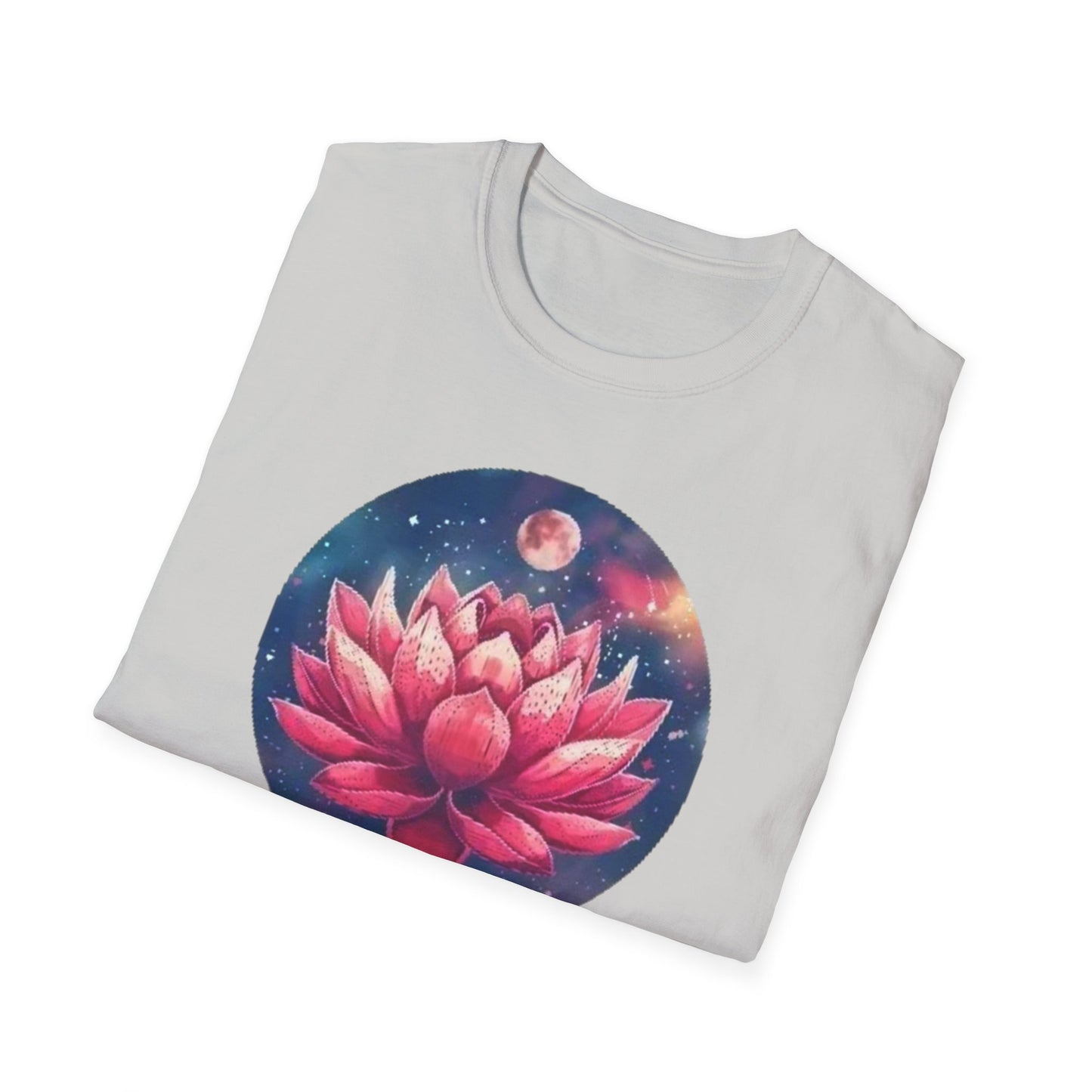 Lotus flower t-shirt featuring a vibrant pink lotus design against a starry background