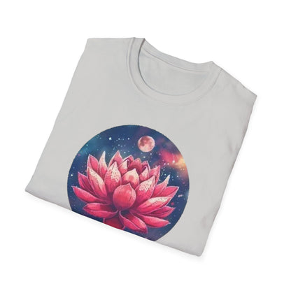 Lotus flower t-shirt featuring a vibrant pink lotus design against a starry background