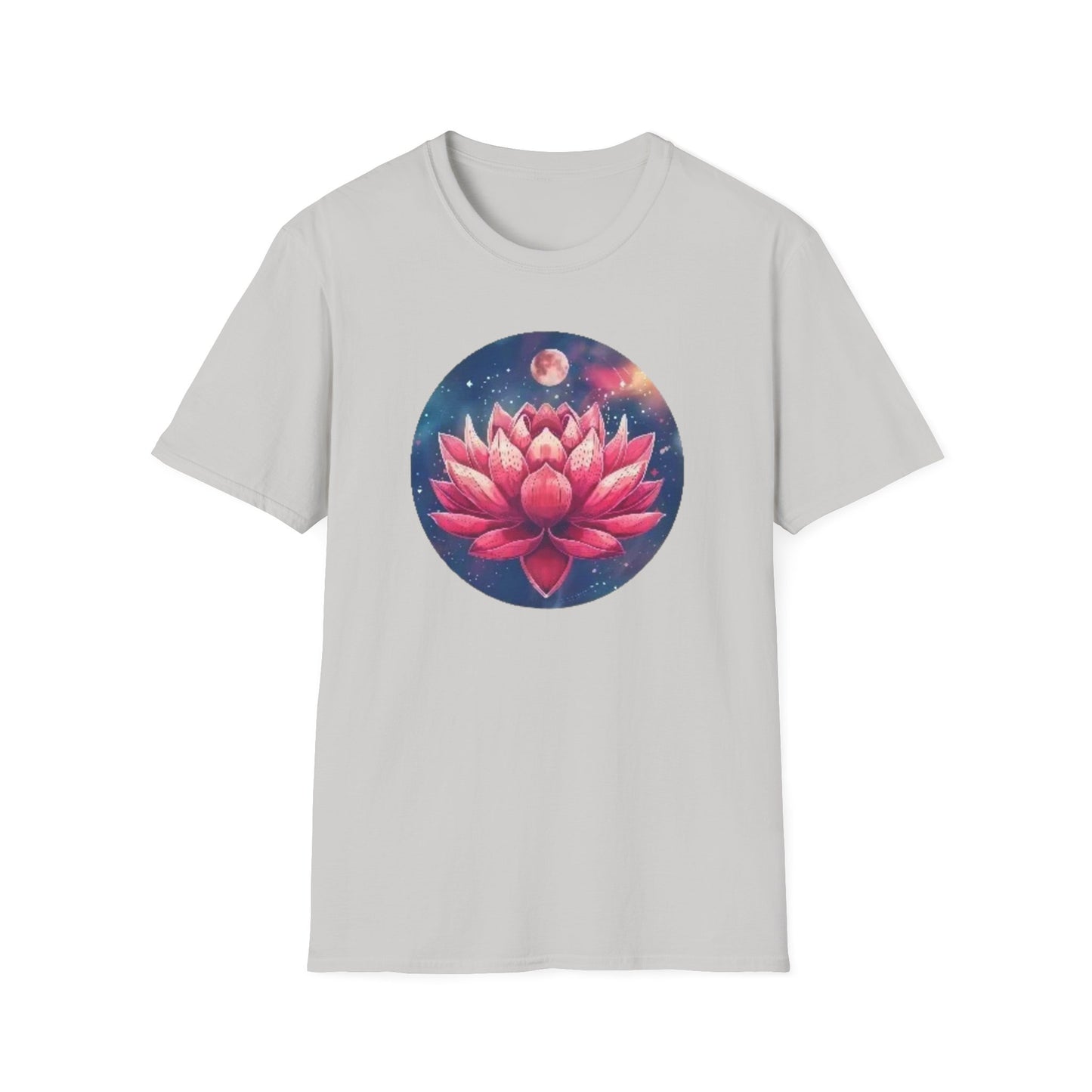 Light gray lotus flower t-shirt featuring vibrant pink lotus design and cosmic background