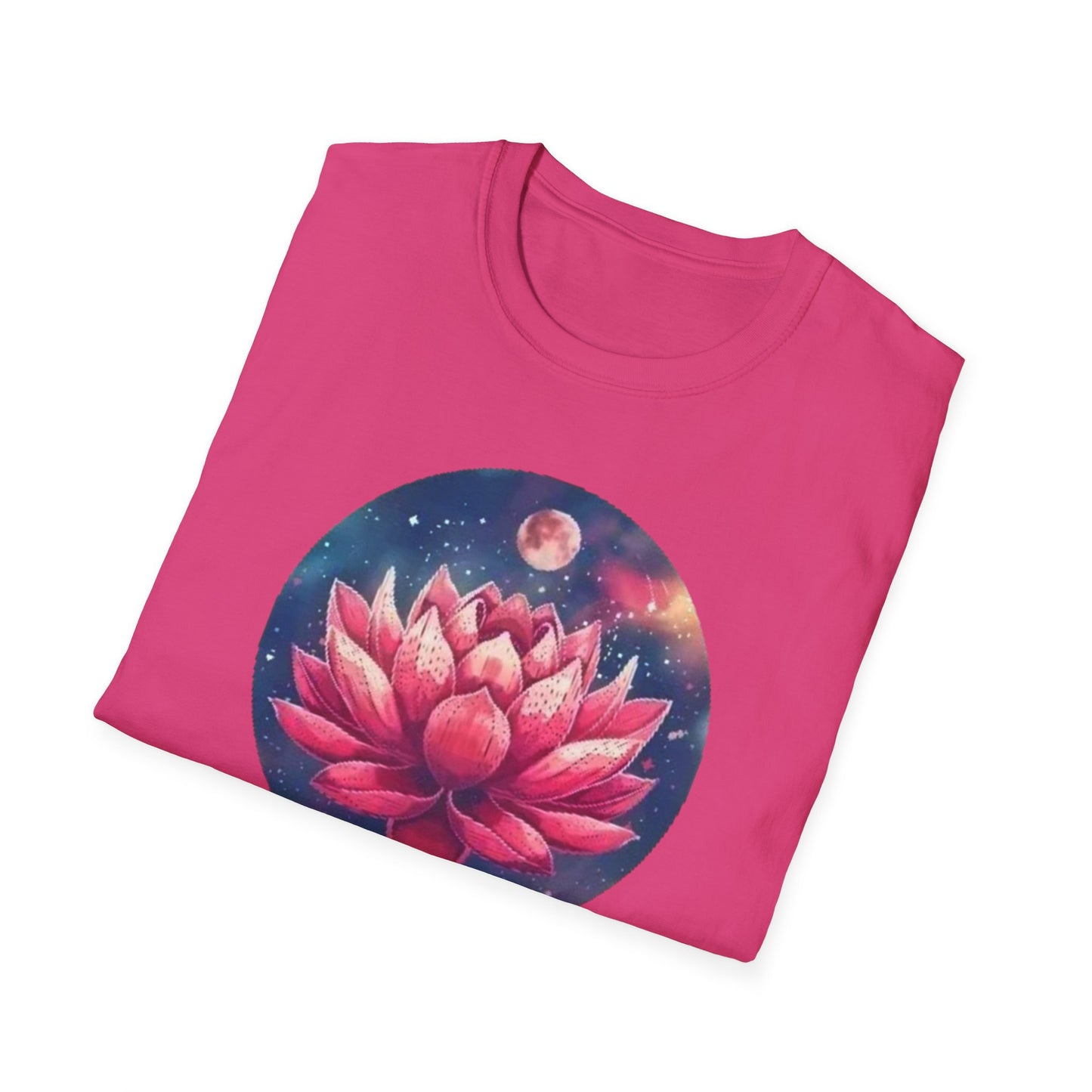 Stylish pink lotus flower t-shirt featuring a vibrant graphic of a lotus in space