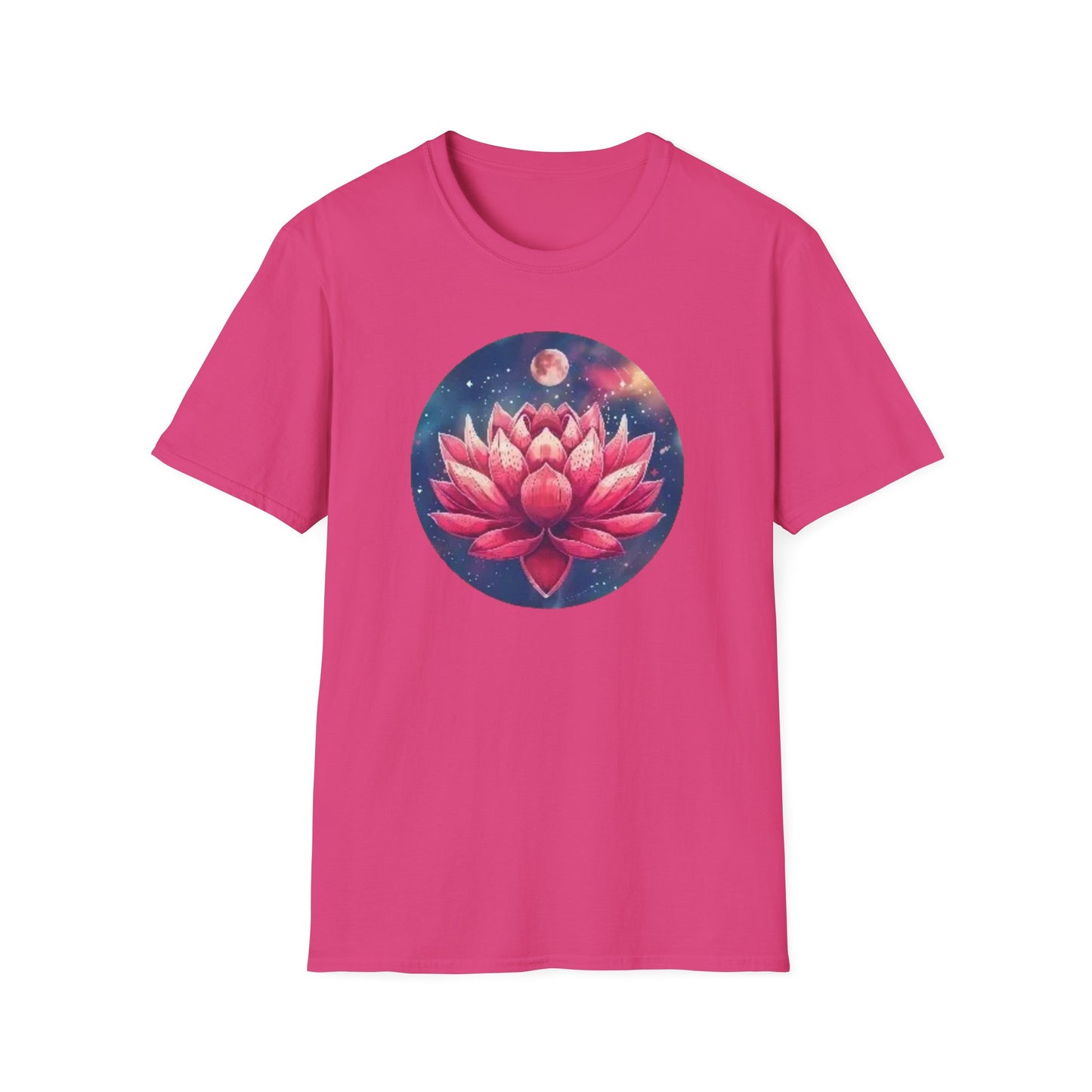Pink lotus flower t-shirt featuring a vibrant graphic of a blooming lotus in space