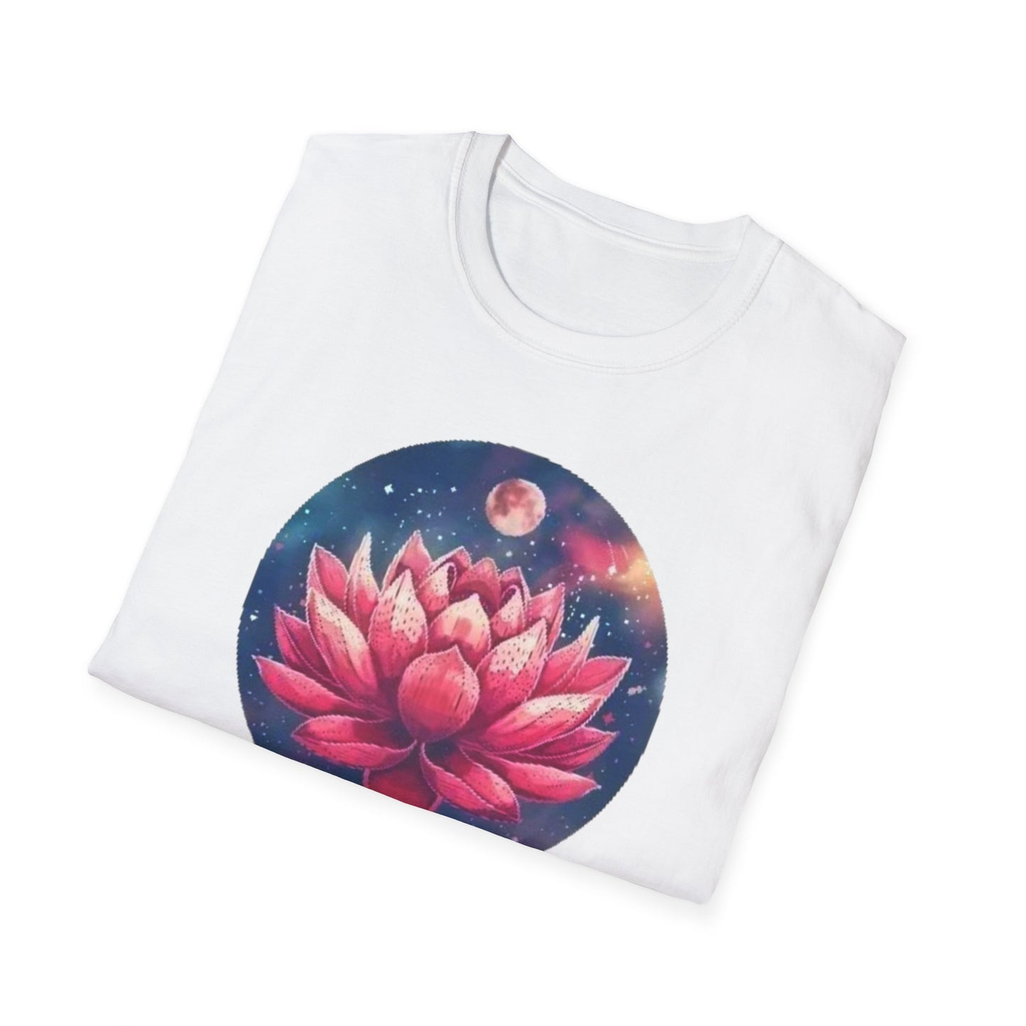 White lotus flower t-shirt featuring a vibrant lotus design against a starry background