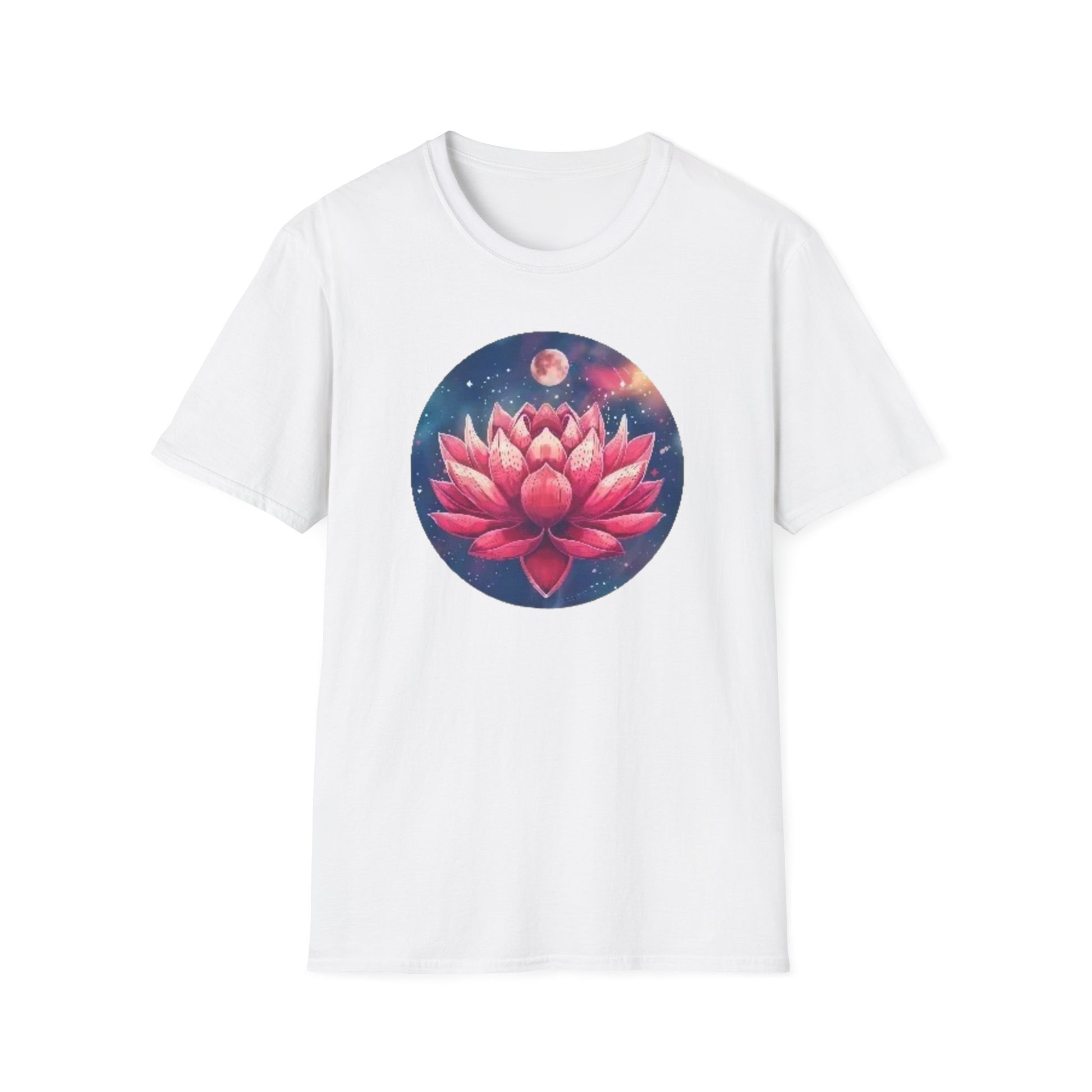 White lotus flower t-shirt featuring a vibrant pink lotus design on a cosmic background