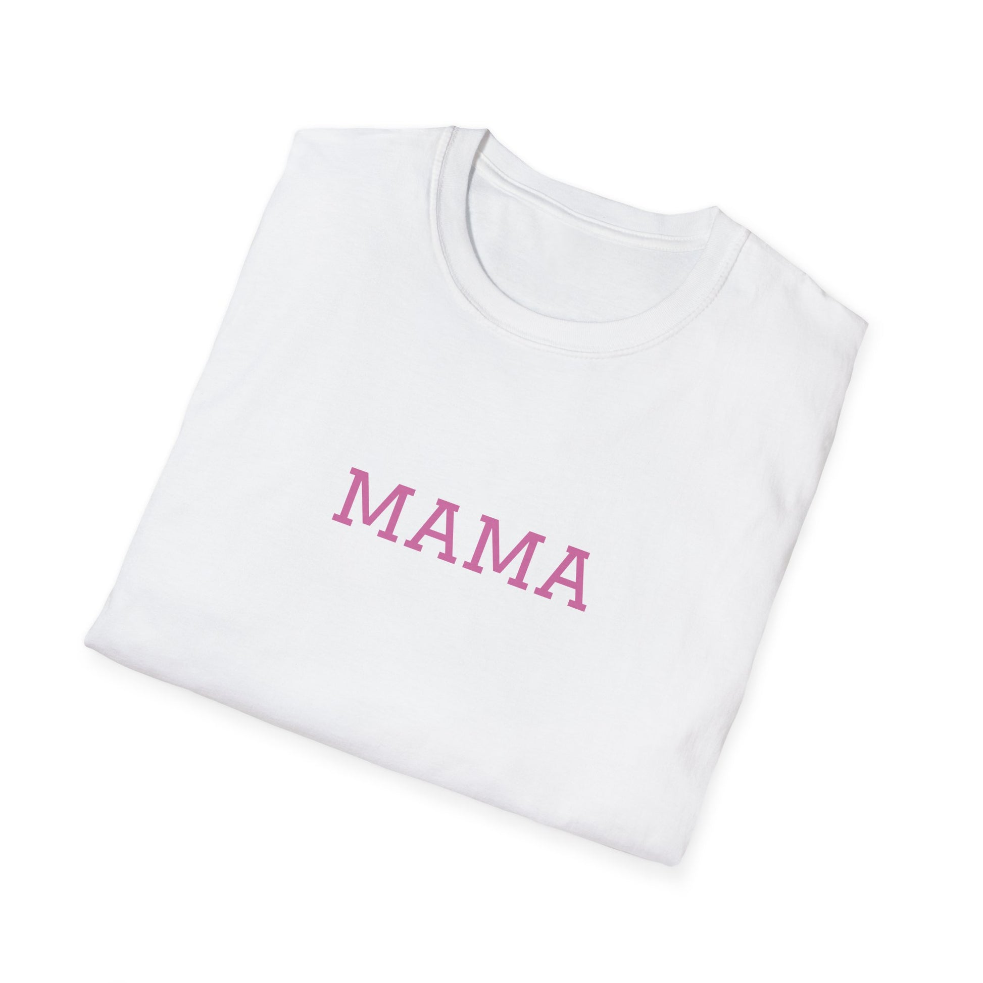 White Mama tee for moms with a bold pink print, perfect for casual wear or gifts