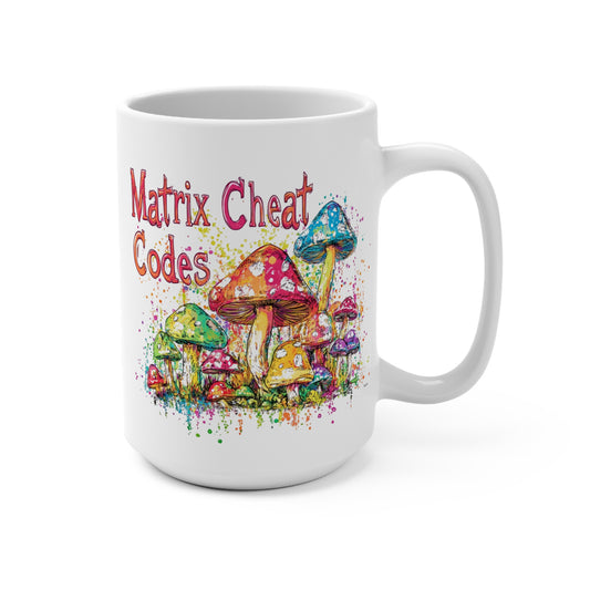 Matrix Cheat Codes Mushroom Mug featuring colorful mushroom designs and artistic splashes