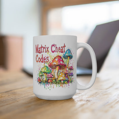 Matrix Cheat Codes Mushroom Mug with colorful illustrated mushrooms on a white background