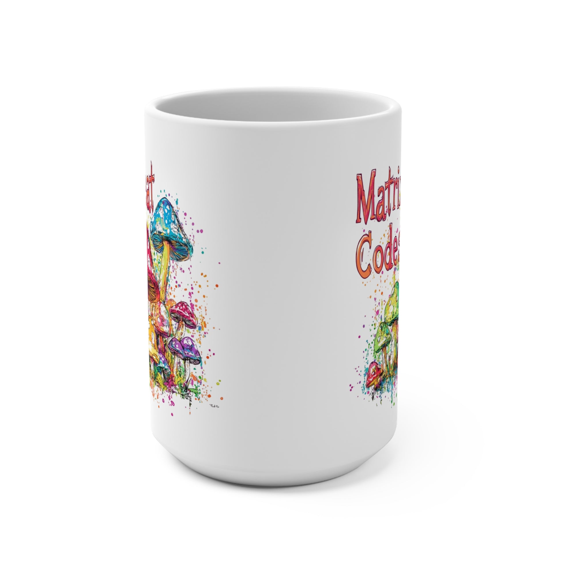 Matrix Cheat Codes Mushroom Mug featuring colorful mushroom designs and vibrant graphics