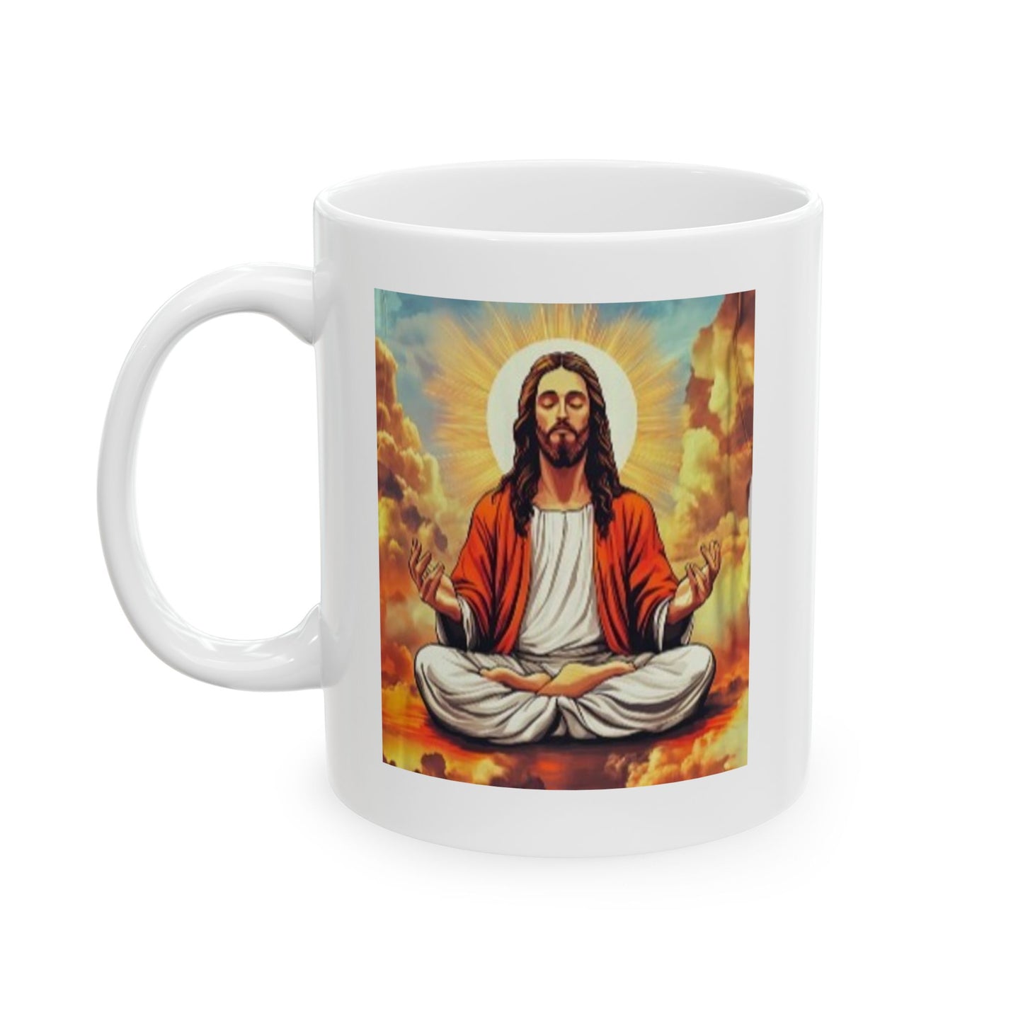 Meditating Jesus mug with a vibrant illustration of Jesus in a meditative pose surrounded by clouds