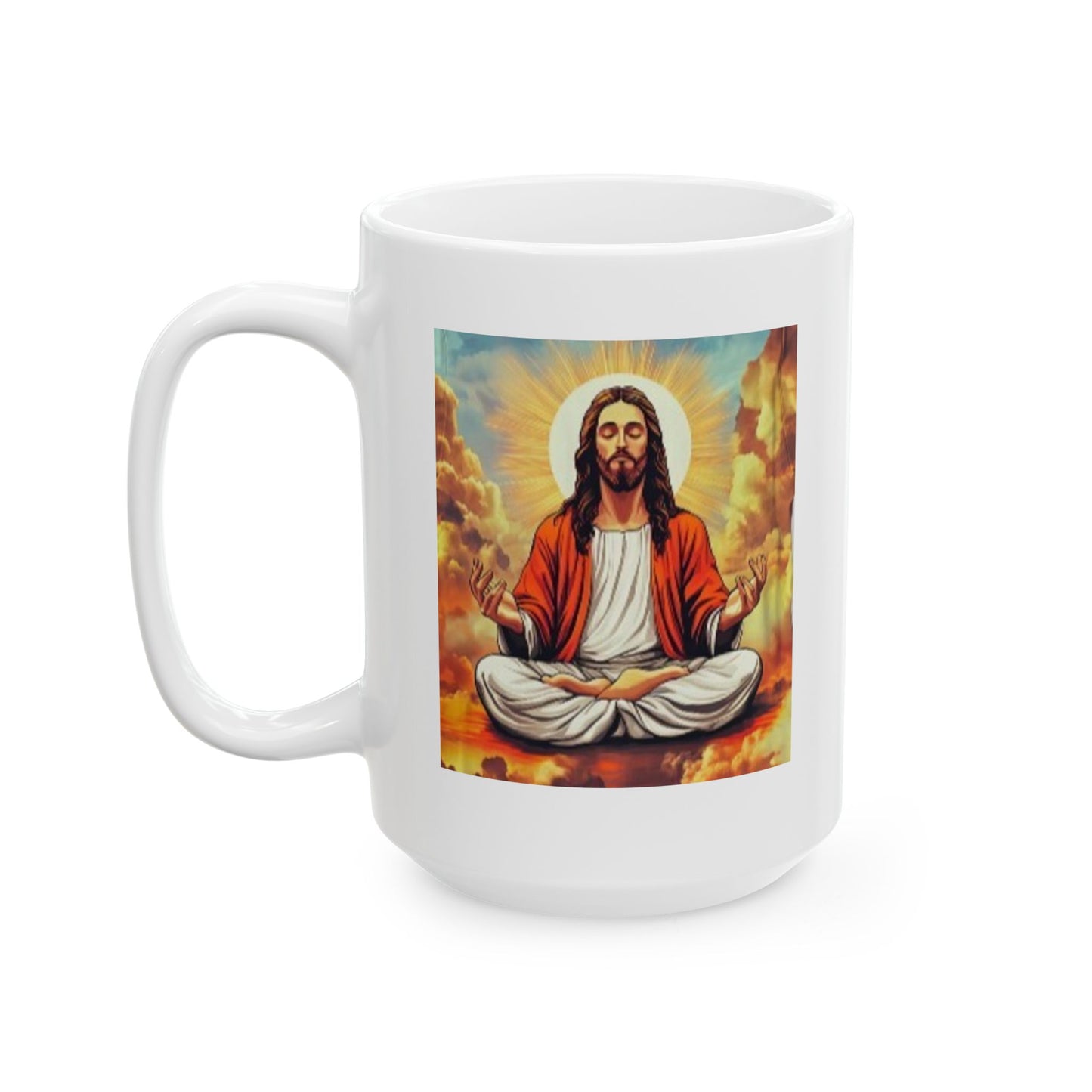 Meditating Jesus mug with a colorful design showcasing Jesus in a meditative pose