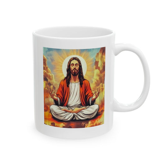 Meditating Jesus mug featuring a serene illustration of Jesus in a meditative pose with vibrant colors