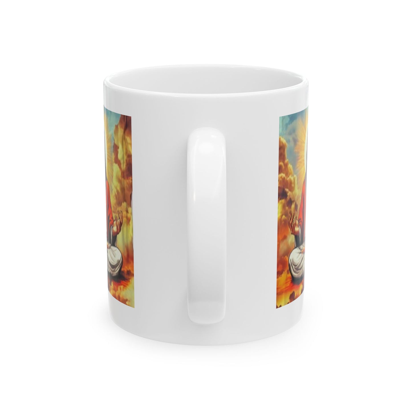 Meditating Jesus mug with colorful spiritual design perfect for coffee and tea lovers