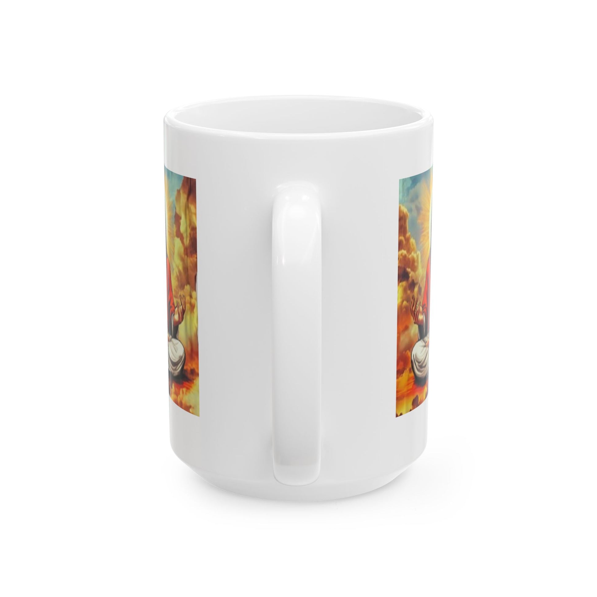 Meditating Jesus mug featuring a serene design with vibrant colors and a peaceful atmosphere