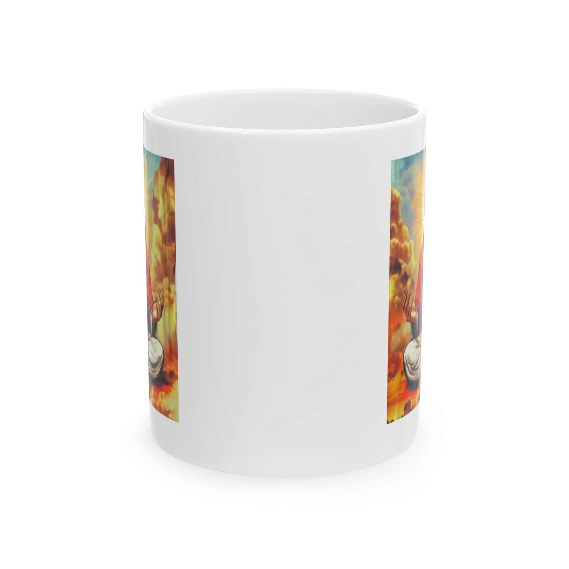 Meditating Jesus mug featuring a serene design with vibrant colors and spiritual imagery
